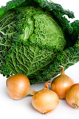 Image showing fresh savoy cabbage and onions