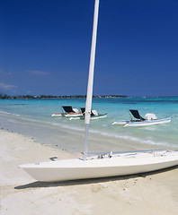 Image showing Grand Baie beach with boats Mauritius Island