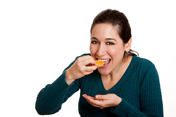 Image showing Eating juicy mandarin orange slice