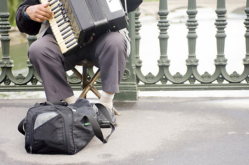 Image showing Accordion player on a bridge