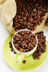 Image showing Green cup and saucer with coffee crop