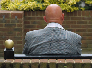 Image showing Rear view of folliclly challenged male sitting on bench, end post surmounted by a golden ball