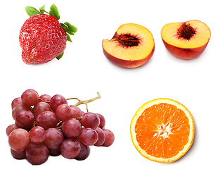 Image showing Collage from fresh ripe fruit grape, peach, strawberries and ora