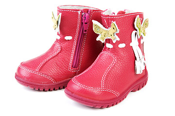 Image showing Pair red leather baby boots