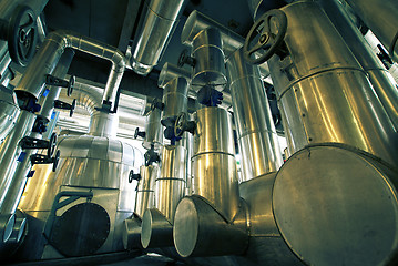 Image showing different size and shaped pipes and valves at a power plant 
