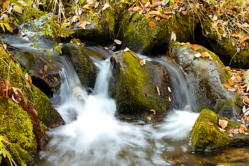 Image showing Falls on the small mountain river in a wood shooted in autumn