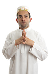Image showing Ethnic man traditional clothing thinking looking up