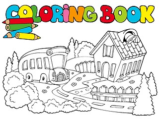 Image showing Coloring book with school and bus