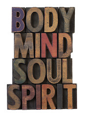 Image showing body, mind, soul, spirit in old wood type