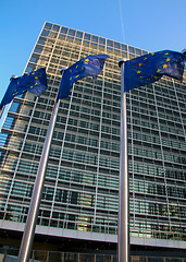 Image showing European flags in front of the EU commission headquarters in Brussels