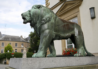 Image showing Bronze lion statue at the city hall in Luxembourg City, made in 1931.