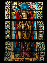 Image showing Stained glass window in the Cathedral of Luxembourg depicting Saint Raphael. Made in the ateliers Marechal de Metz in 1848-1860.