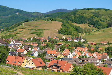 Image showing Village surrounded by vineyards in the Alsace Region of France at the Route des vins (Wine Route)
