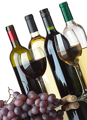 Image showing Bottles, glasses and grapes