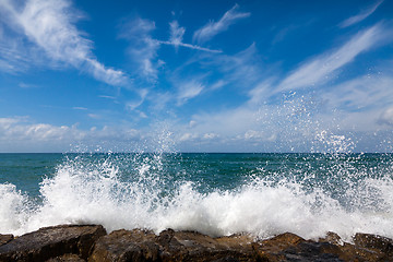 Image showing The waves breaking on a stony beach