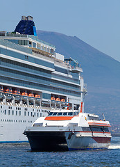 Image showing Passenger catamaran and a large cruise ship