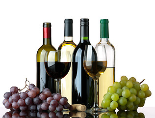 Image showing Bottles, glasses and grapes