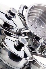 Image showing A set of saucepans, stainless steel
