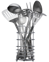 Image showing Set of stainless utensils on white background