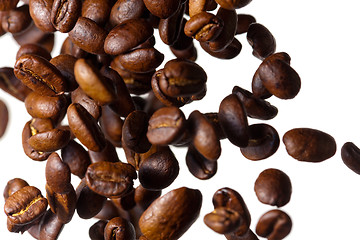 Image showing Falling coffee beans on white background