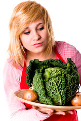 Image showing beautiful woman with fresh savoy cabbage and onions