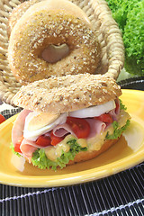 Image showing Bagel with ham and egg