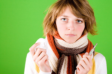 Image showing woman with handkerchief and thermometer