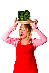 Image showing woman with fresh savoy cabbage and onions 