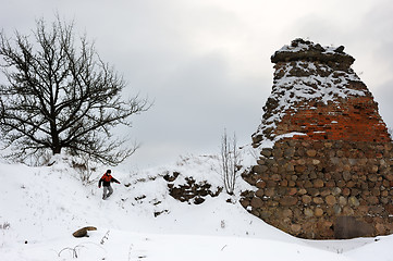 Image showing The remains of the castle walls in winter.