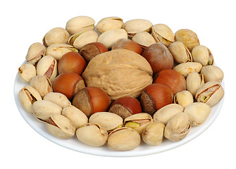 Image showing Set of nuts on a white plate, isolation