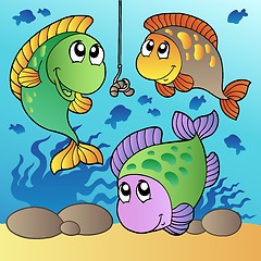 Image showing Three fishes and fishing hook