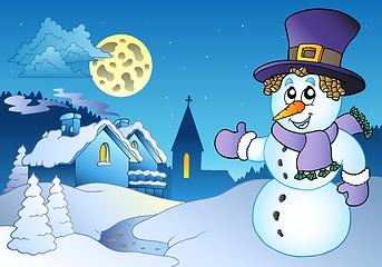 Image showing Snowman near small village