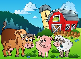 Image showing Three farm animals near barn