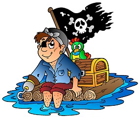 Image showing Cartoon pirate sailing on raft