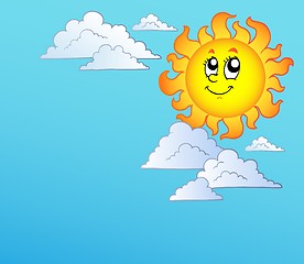 Image showing Cartoon Sun with clouds on blue sky