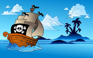 Image showing Pirate ship with island silhouette