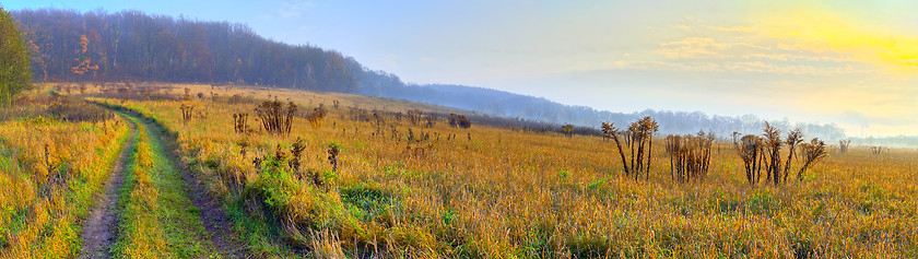 Image showing Panoramic rural landscape with sunrise light