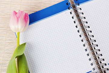 Image showing Open notebook and tulip