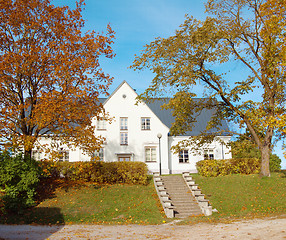 Image showing The trees covered by golden foliage at the old house