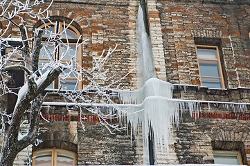 Image showing Greater icicles hang down from a wall of the old house