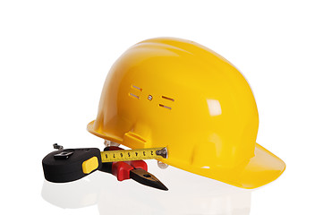 Image showing Tools and helmet of the builder, it is isolated on white