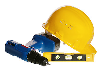 Image showing Tools and helmet of the builder, it is isolated on white