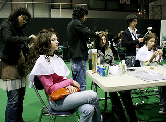 Image showing Korean stylists prepare models for the runway