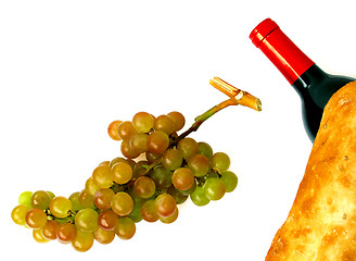Image showing muscat grapes, wine bottle and loaf of bread