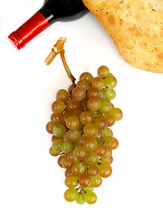 Image showing muscat grapes, wine bottle and bread