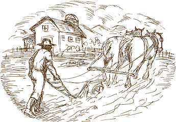 Image showing Farmer horse plowing field