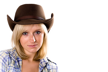 Image showing pretty western woman in cowboy shirt and hat