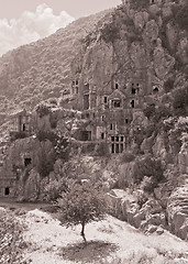 Image showing Catacombs carved into the rocks in Demre Turkey