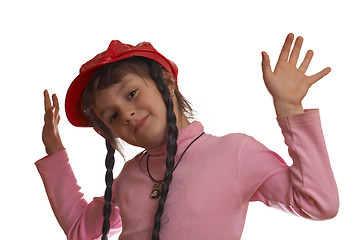 Image showing Smiling girl with two hands up