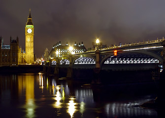 Image showing Big Ben and Westminster bridge at night